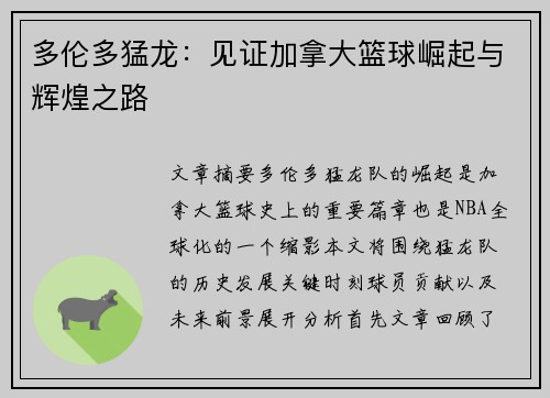多伦多猛龙：见证加拿大篮球崛起与辉煌之路