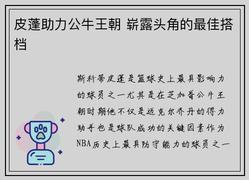 皮蓬助力公牛王朝 崭露头角的最佳搭档