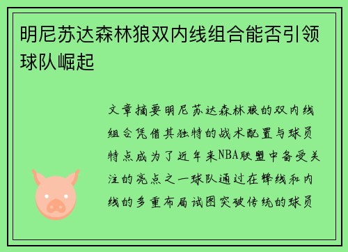 明尼苏达森林狼双内线组合能否引领球队崛起