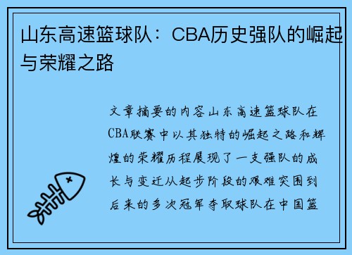 山东高速篮球队：CBA历史强队的崛起与荣耀之路