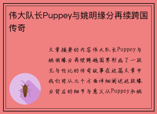 伟大队长Puppey与姚明缘分再续跨国传奇